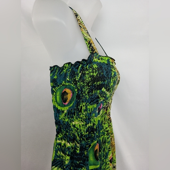 Artsy Vacation Elegant Boho Dopamine Green Peacock Print Summer‎ Dress (#640) - Picture 6 of 9